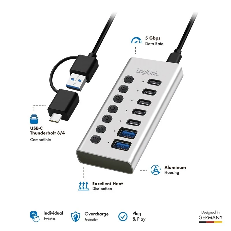 USB 3.2 Gen1 7 prievadų USB-A/C šakotuvas su atskirais jungikliais