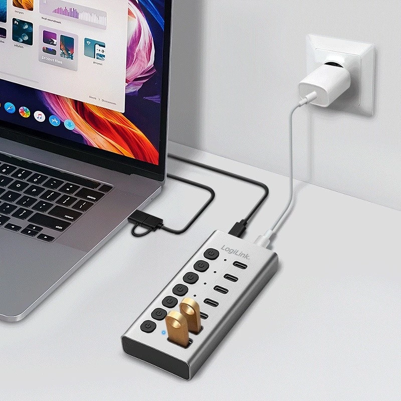 USB 3.2 Gen1 7 prievadų USB-A/C šakotuvas su atskirais jungikliais