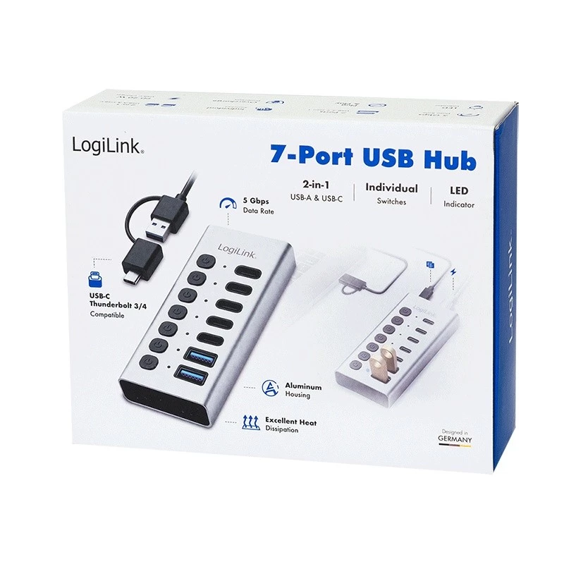 USB 3.2 Gen1 7 prievadų USB-A/C šakotuvas su atskirais jungikliais