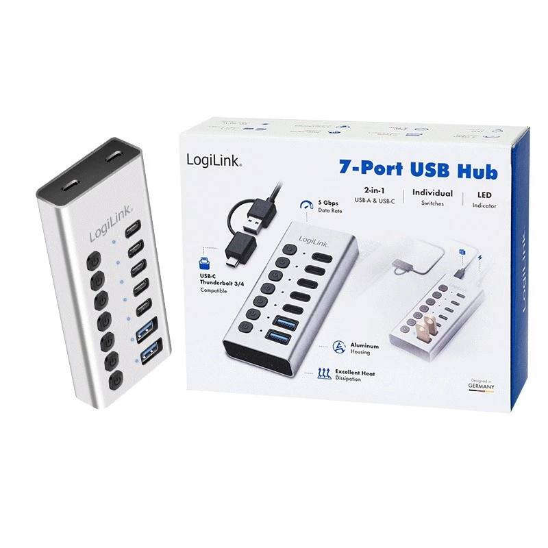 USB 3.2 Gen1 7 prievadų USB-A/C šakotuvas su atskirais jungikliais