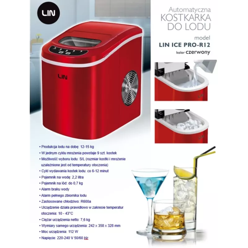 Nešiojamas ledo kubelių gamintojas LIN ICE PRO-R12 raudonas