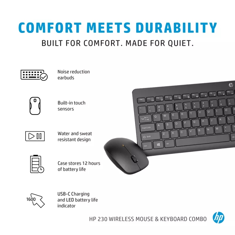 HP 230 belaidis pelės ir klaviatūros rinkinys, pilno dydžio, belaidis, RF, membraninis, juodas, su pele