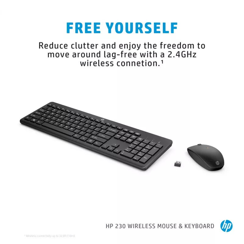 HP 230 belaidis pelės ir klaviatūros rinkinys, pilno dydžio, belaidis, RF, membraninis, juodas, su pele