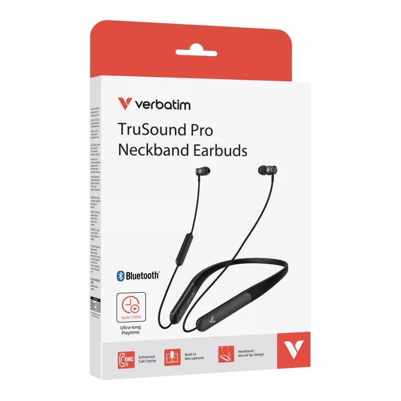 Verbatim TruSound Pro Neckband Earbuds juodos, belaidžiai, muzikai/kasdieniam naudojimui, 20–20000 Hz, 74 g, ausinės, juodos