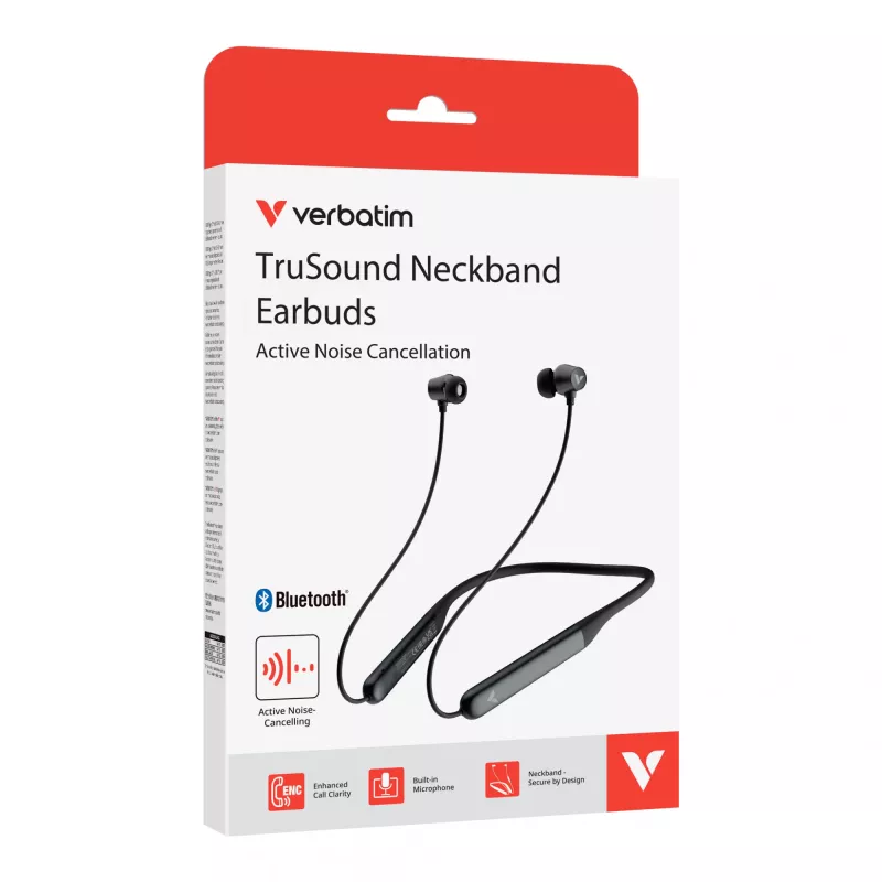 Verbatim TruSound ANC Neckband Earbuds juodos, belaidės, 20-20000 Hz, Muzika/Kasdieninės, 46,5 g, Ausinės, Juodos