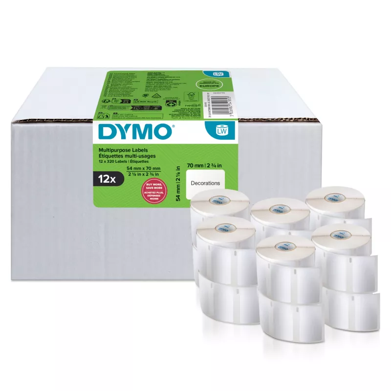 DYMO Autentiškos etiketės LabelWriter Multi-Purpose | 54 mm x 70 mm | Lipnios | 12 ritinių po 320 lengvai nuplėšiamų etikečių (3 840 vnt.) | Etikečių spausdintuvams LabelWriter | Pagaminta Europoje