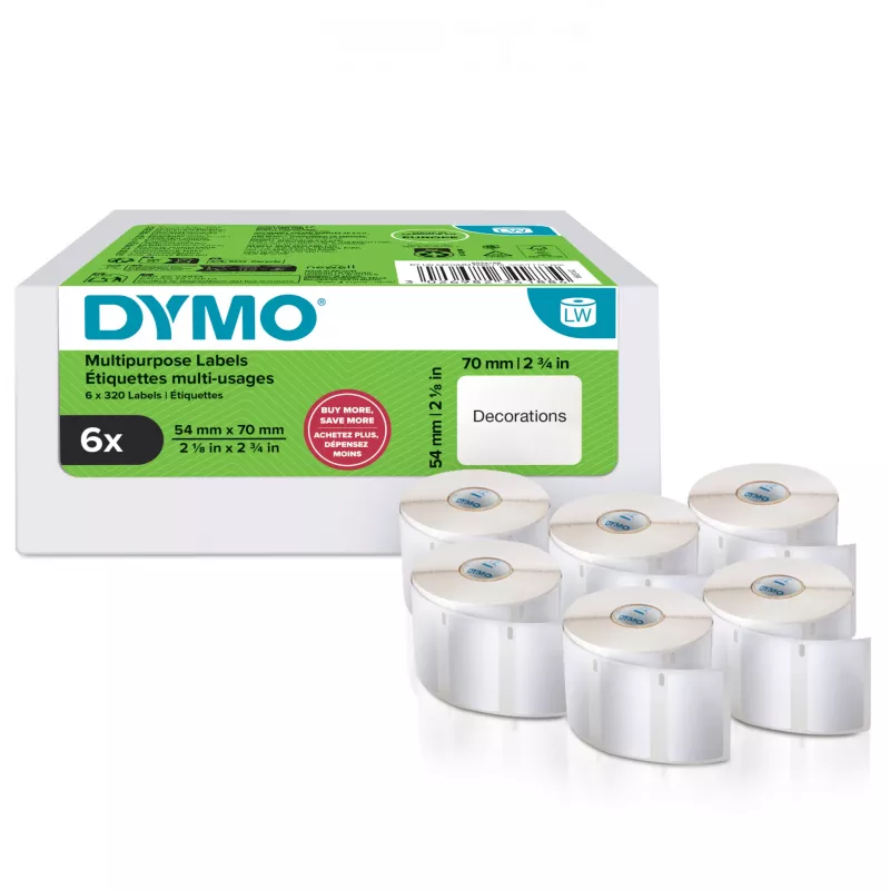 DYMO Autentiškos etiketės LabelWriter Multi-Purpose | 54 mm x 70 mm | Lipnios | 6 ritinių po 320 lengvai atplėšiamų etikečių (1 920 vnt.) | Skirtos LabelWriter etikečių spausdintuvams | Pagaminta Europoje