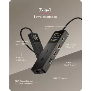 ICY BOX Spade Dock 4038, 7-in-1 DockingStation su LCD ekranu ir 100 W PD įkrovimu