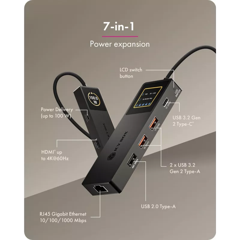 ICY BOX Spade Dock 4038, 7-in-1 DockingStation su LCD ekranu ir 100 W PD įkrovimu