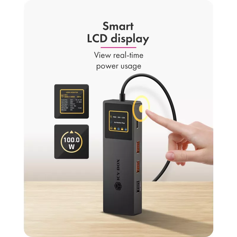 ICY BOX Spade Dock 4038, 7-in-1 DockingStation su LCD ekranu ir 100 W PD įkrovimu