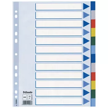 Esselte skirtukai PP A4 12 dalių, tuščias indeksas, PVC, įvairiaspalviai