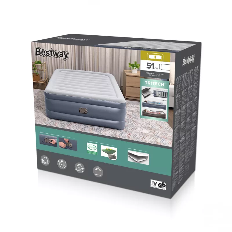 Bestway Tritech pripučiamas čiužinys Queen su įmontuotu siurbliu ir antimikrobine danga 2,03 m x 1,52 m x 51 cm