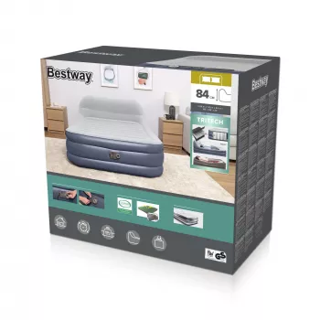 Bestway Tritech SleekFlow Headboard pripučiamas čiužinys Queen su įmontuotu AC siurbliu ir antimikrobine danga 2,26 m x 1,52 m x 84 cm