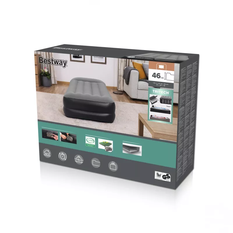 Bestway Tritech pripučiamas čiužinys Twin su įmontuotu siurbliu ir antimikrobine danga 1,91 m x 97 cm x 46 cm