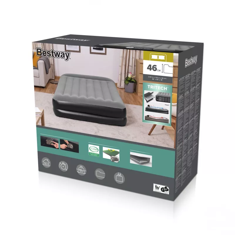 Pripučiamas čiužinys Bestway Tritech Queen su įmontuotu siurbliu ir antimikrobine danga 2,03 m x 1,52 m x 46 cm