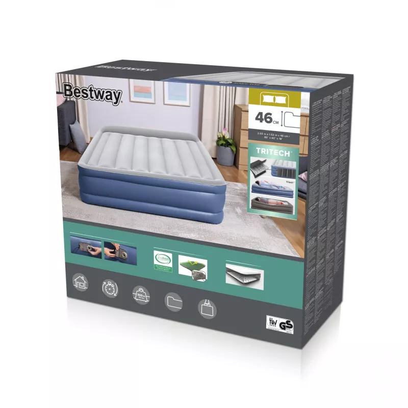 Bestway Tritech pripučiamas čiužinys Queen su įmontuotu siurbliu ir antimikrobine danga 2,03 m x 1,52 m x 46 cm