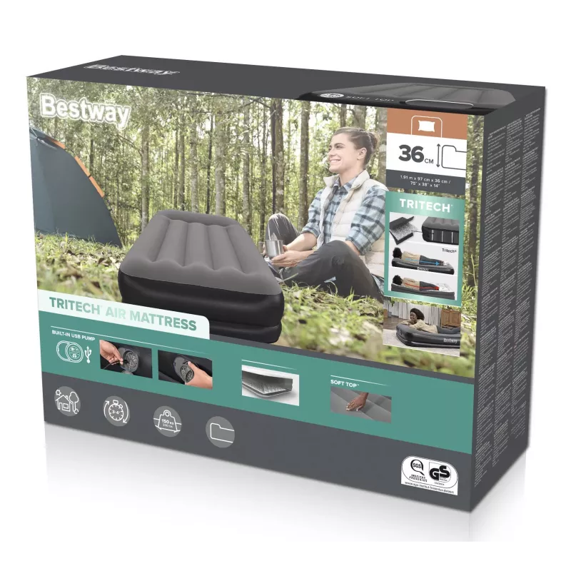 Pripučiamas čiužinys Bestway Tritech Twin su įmontuotu USB siurbliu 1,91 m x 97 cm x 36 cm