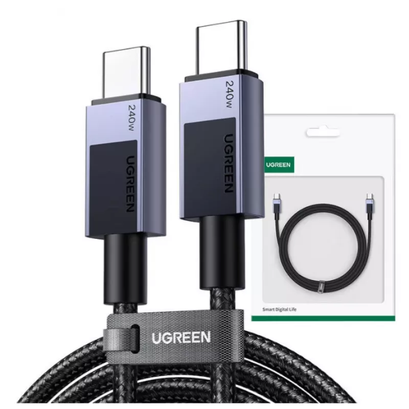 USB C laidas Ugreen 45068, 2 m, 240 W, juodai pilkas