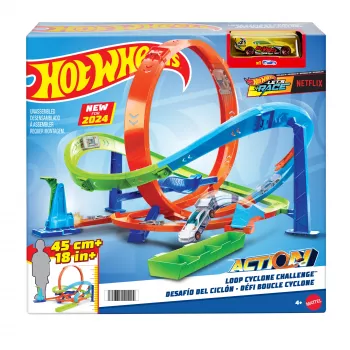 Hot Wheels Action Loop Cyclone Challenge Trasų Rinkinys su 1:64 Mastelio Automobiliuku, Lengvas Laikymas
