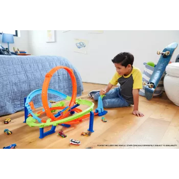 Hot Wheels Action Loop Cyclone Challenge Trasų Rinkinys su 1:64 Mastelio Automobiliuku, Lengvas Laikymas