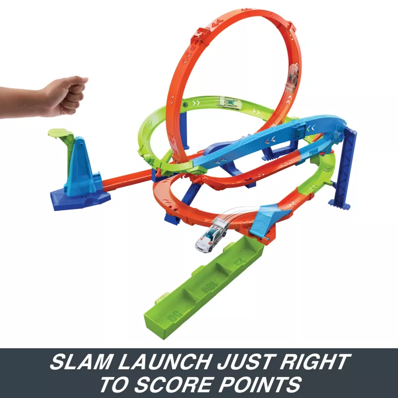 Hot Wheels Action Loop Cyclone Challenge Trasų Rinkinys su 1:64 Mastelio Automobiliuku, Lengvas Laikymas
