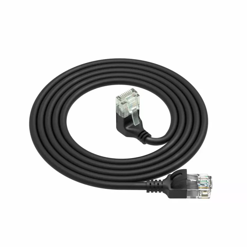 ACT Black 1,5 m U/UTP CAT6A LSZH plonas kabelis su RJ45 jungtimis 90° kampu žemyn ir tiesia