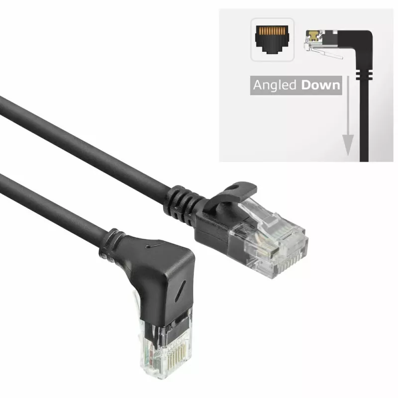 ACT Black 1,5 m U/UTP CAT6A LSZH plonas kabelis su RJ45 jungtimis 90° kampu žemyn ir tiesia