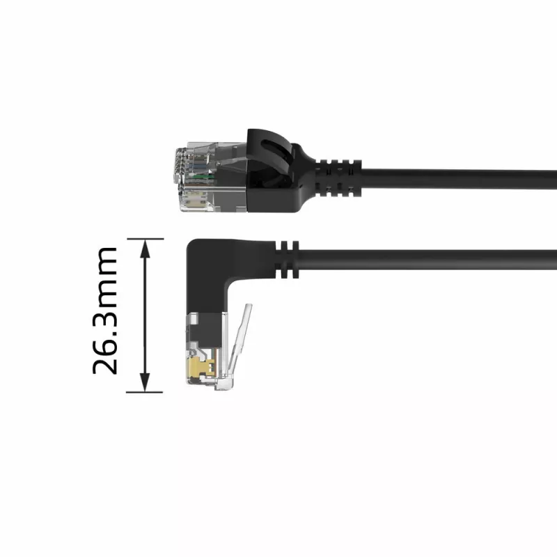 ACT Black 1,5 m U/UTP CAT6A LSZH plonas kabelis su RJ45 jungtimis 90° kampu žemyn ir tiesia