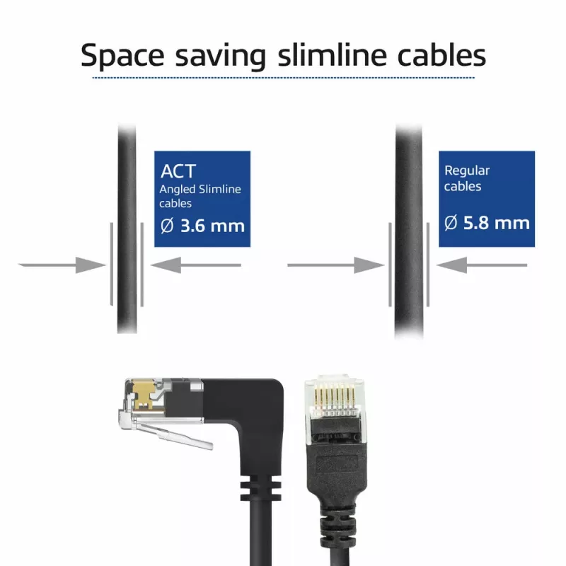 ACT Black 1,5 m U/UTP CAT6A LSZH plonas kabelis su RJ45 jungtimis 90° kampu žemyn ir tiesia