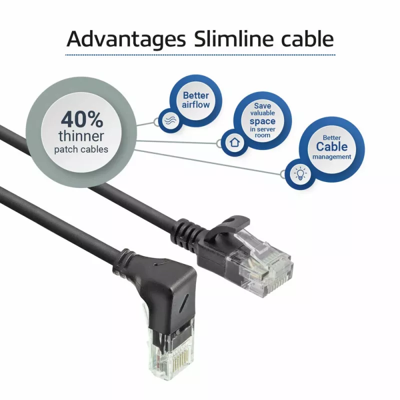 ACT Black 1,5 m U/UTP CAT6A LSZH plonas kabelis su RJ45 jungtimis 90° kampu žemyn ir tiesia