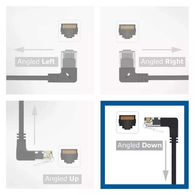 ACT Black 1,5 m U/UTP CAT6A LSZH plonas kabelis su RJ45 jungtimis 90° kampu žemyn ir tiesia