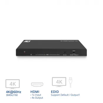 ACT 4K HDMI skirstytuvas, 1 į 4 išėjimai, EDID palaikymas, HDMI, 4x HDMI, 3840 x 2160 pikseliai, Juoda, 4K Ultra HD, 10.2 Gbit/s