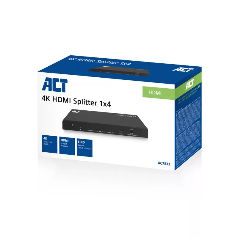 ACT 4K HDMI skirstytuvas, 1 į 4 išėjimai, EDID palaikymas, HDMI, 4x HDMI, 3840 x 2160 pikseliai, Juoda, 4K Ultra HD, 10.2 Gbit/s