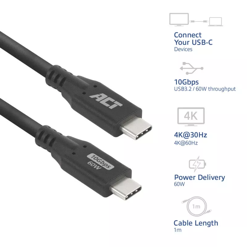 ACT USB 3.2 Gen 2 (3.1 Gen 2) 10Gbps 60W USB Type-C laidas, 1 m, juodas