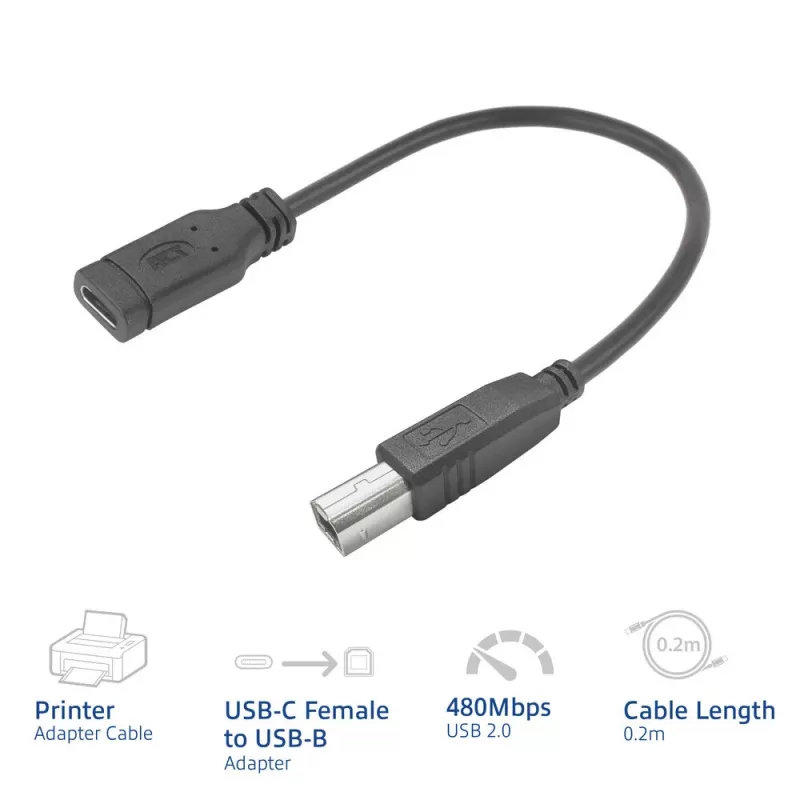 Adapterio laidas ACT USB-C (moteriška) į USB-B 2.0 spausdintuvui, 0,2 m