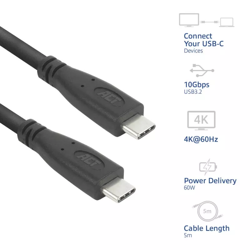 ACT AC7445 USB-C kabelis USB 3.2 Gen 2 (3.1 Gen 2) 5 m, 10 Gbit/s, 60 W, juodas