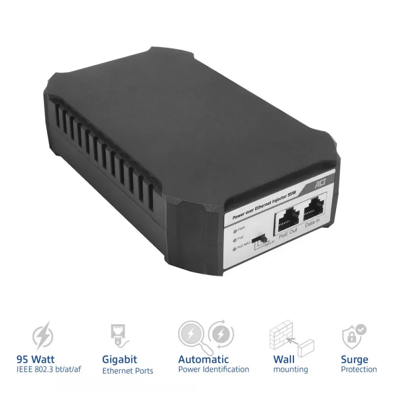 ACT PoE įpurškiklis 95W IEEE 802.3bt, Gigabit Ethernet, 1000 Mbit/s, 10/100/1000, PoE++ (4PPoE), IEEE 802.3af, IEEE 802.3at, IEEE 802.3bt, Cat6a