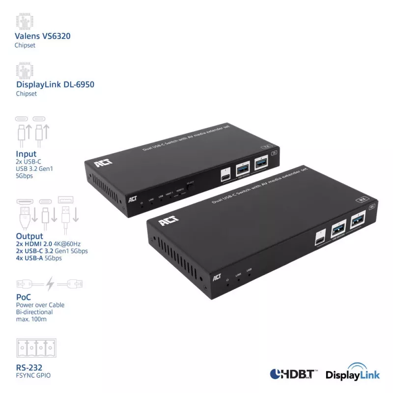 ACT AV medijos prailginimo rinkinys su dvigubu USB-C jungikliu, CAT6A, 100 metrų