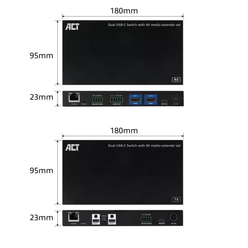 ACT AV medijos prailginimo rinkinys su dvigubu USB-C jungikliu, CAT6A, 100 metrų