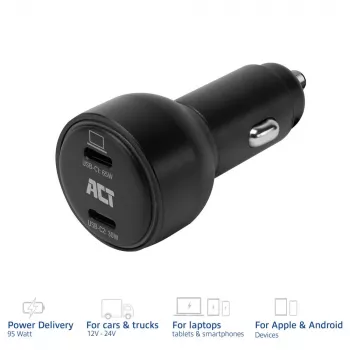 Automobilinis USB-C greitasis įkroviklis 2 prievadai 95W su Power Delivery PPS, Quick Charge ir GaNFast