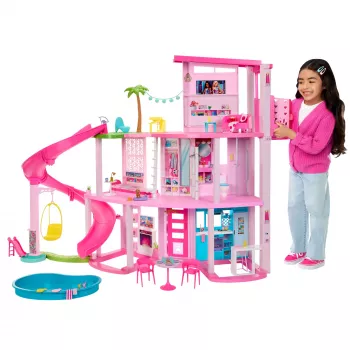 Barbie Dreamhouse lėlių namelis su baseinu ir čiuožykla – 75+ detalių (HMX10)