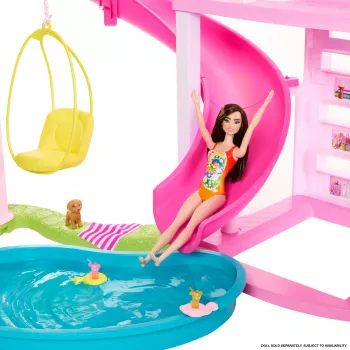 Barbie Dreamhouse lėlių namelis su baseinu ir čiuožykla – 75+ detalių (HMX10)