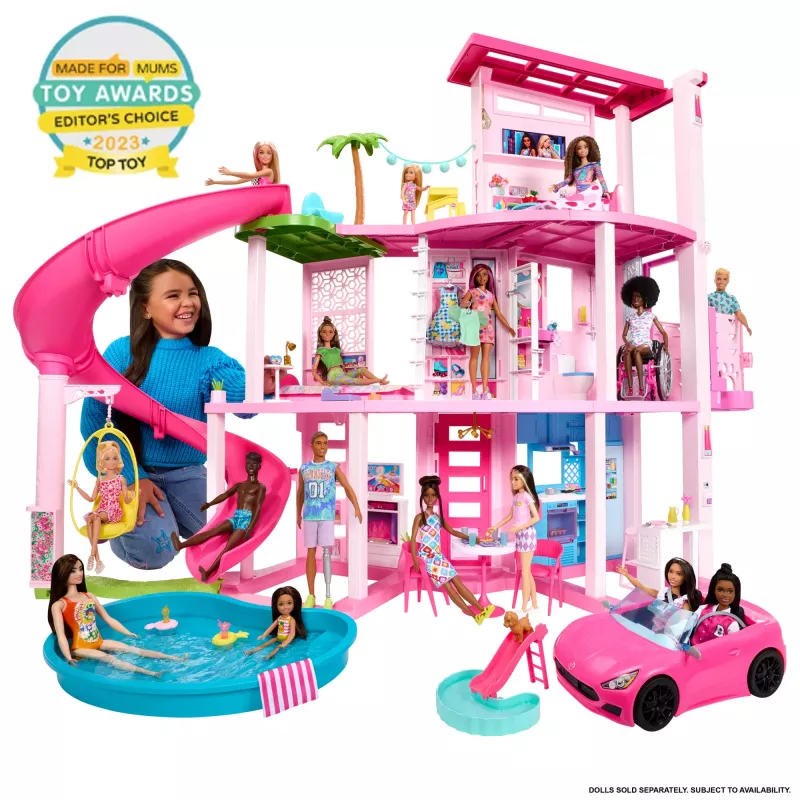 Barbie Dreamhouse lėlių namelis su baseinu ir čiuožykla – 75+ detalių (HMX10)