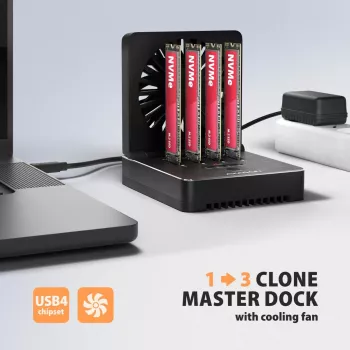 AXAGON ADSA-M2C44 USB4 40Gbps 4 vietų M.2 NVMe SSD Dockavimo stotelė su nepriklausoma disko kopijavimo funkcija, aliuminis, aktyvus aušinimas