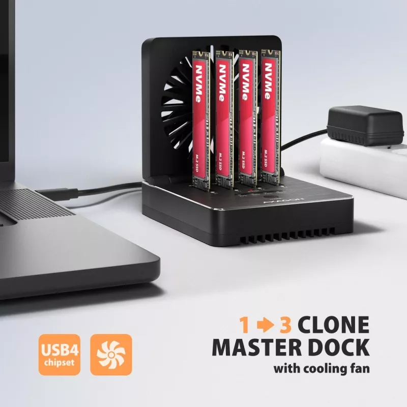 AXAGON ADSA-M2C44 USB4 40Gbps 4 vietų M.2 NVMe SSD Dockavimo stotelė su nepriklausoma disko kopijavimo funkcija, aliuminis, aktyvus aušinimas