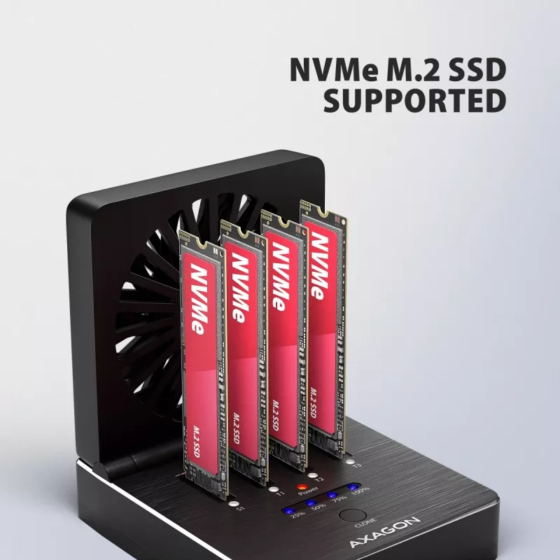 AXAGON ADSA-M2C44 USB4 40Gbps 4 vietų M.2 NVMe SSD Dockavimo stotelė su nepriklausoma disko kopijavimo funkcija, aliuminis, aktyvus aušinimas