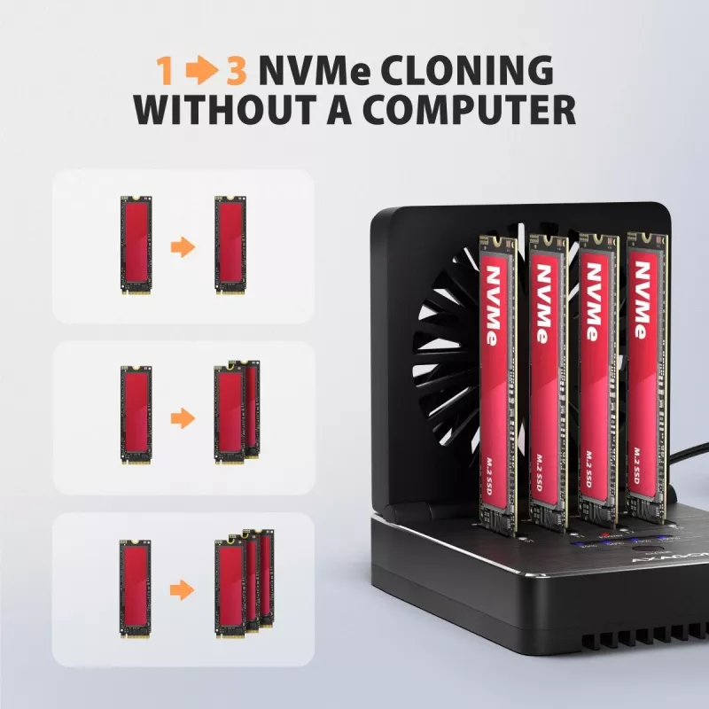 AXAGON ADSA-M2C44 USB4 40Gbps 4 vietų M.2 NVMe SSD Dockavimo stotelė su nepriklausoma disko kopijavimo funkcija, aliuminis, aktyvus aušinimas