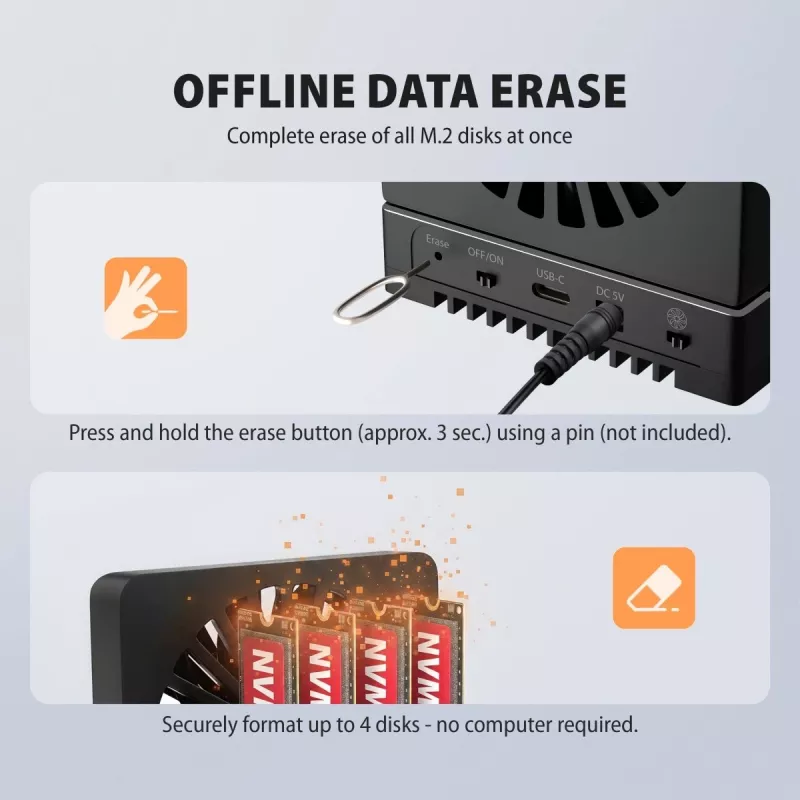 AXAGON ADSA-M2C44 USB4 40Gbps 4 vietų M.2 NVMe SSD Dockavimo stotelė su nepriklausoma disko kopijavimo funkcija, aliuminis, aktyvus aušinimas