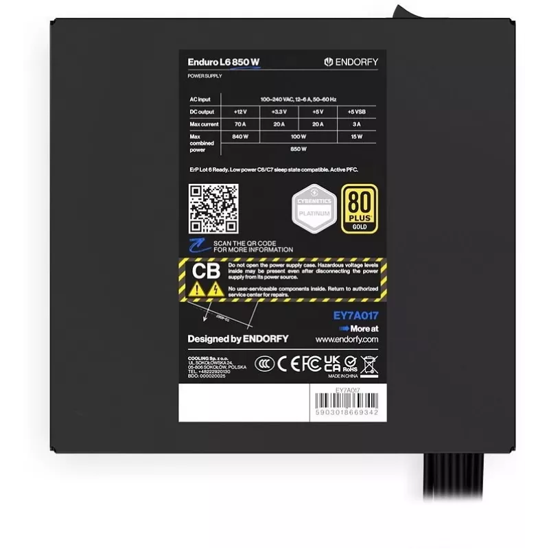 ENDORFY Enduro L6 850 W maitinimo blokas 20+4 pin ATX 3.1 80 PLUS Gold Juodas