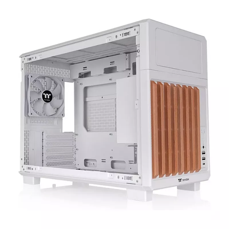 Thermaltake TR200 WS Snow White — Micro-ATX PC Case, Mesh with Real Wood Front Trim, 1x 120mm Fan, USB-C, 360mm Radiator / 365mm GPU Support